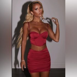 SET - OH POLLY SHINE ON RUCHED - Bustier Crop Top & Satin Mini Skirt in RED